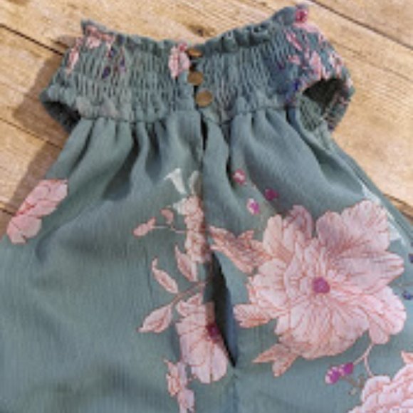 Mossy Green Floral Halter Drop Waist Dress - Picture 3 of 6